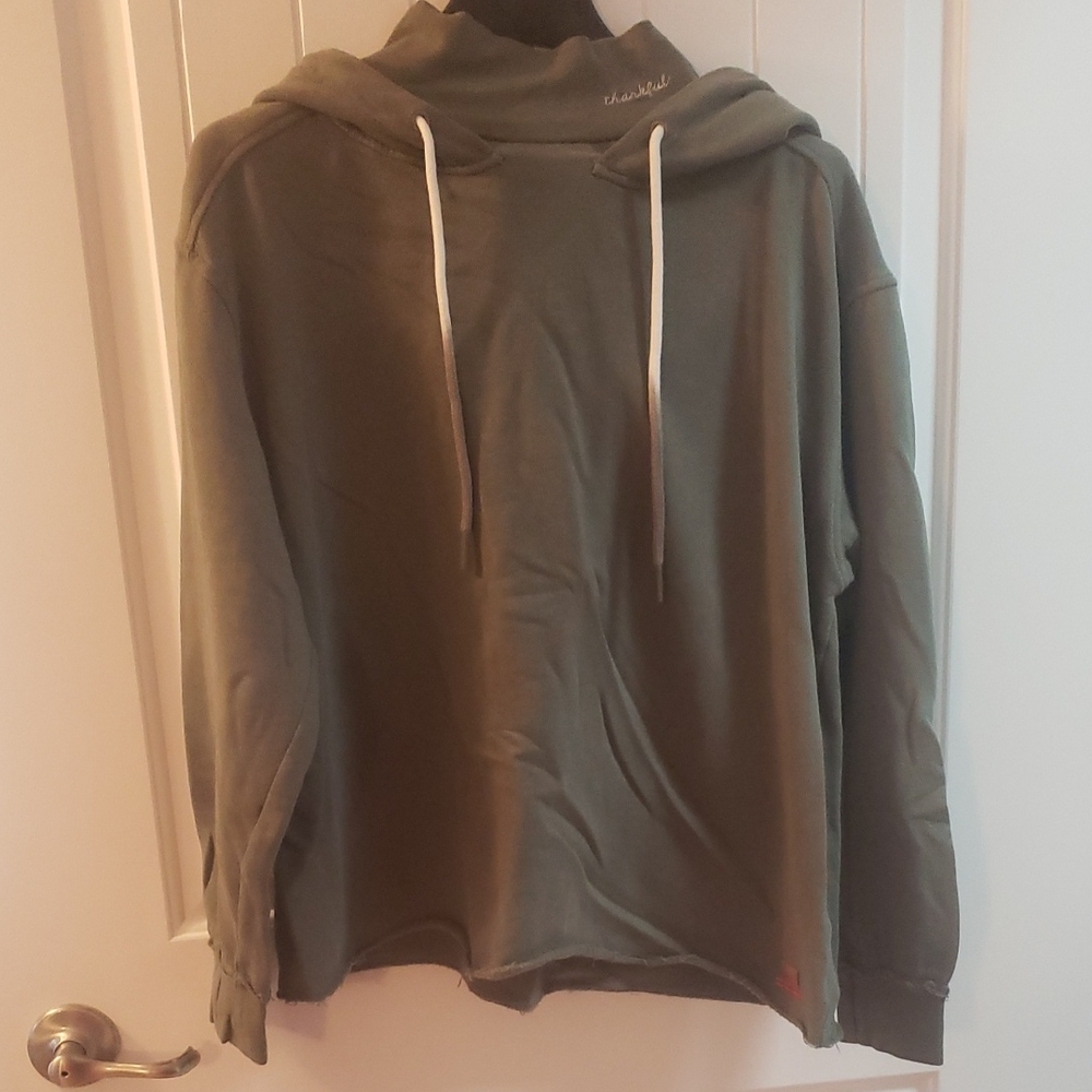 Peace Love World Olive Green Women's Hoodie with mock neck, Sz M